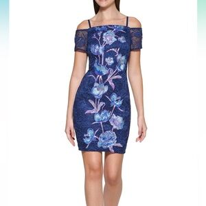 GUESS Women's Off The Shoulder Printed Embroidered Mesh Dress